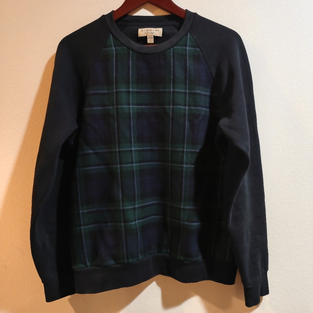 BURBERRY London Black and Green Check Pattern Plaid Crewneck Sweatshirt